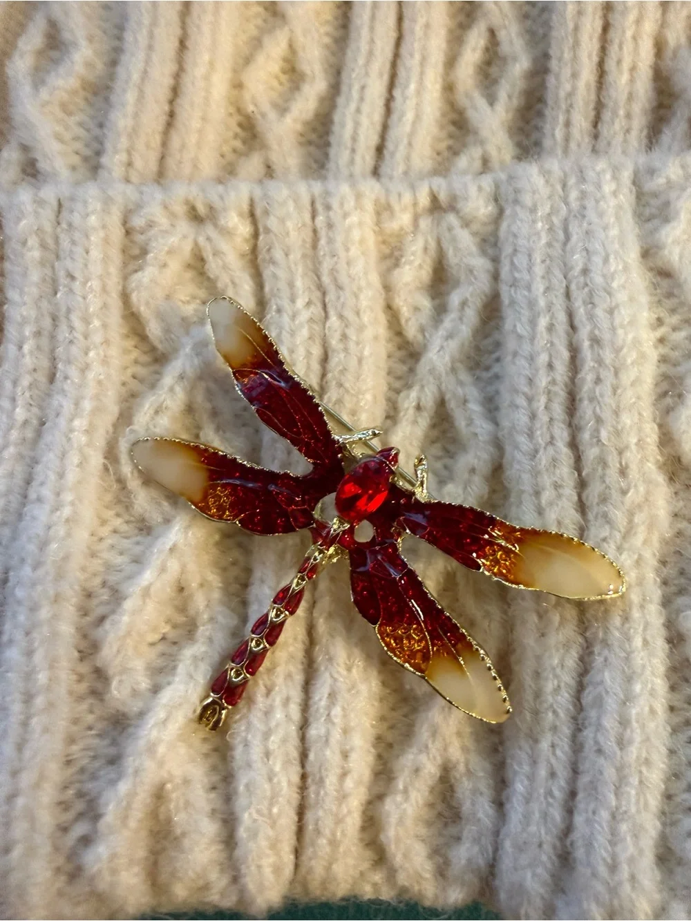 Cream Cable Knit Beanie with Dragonfly Pin